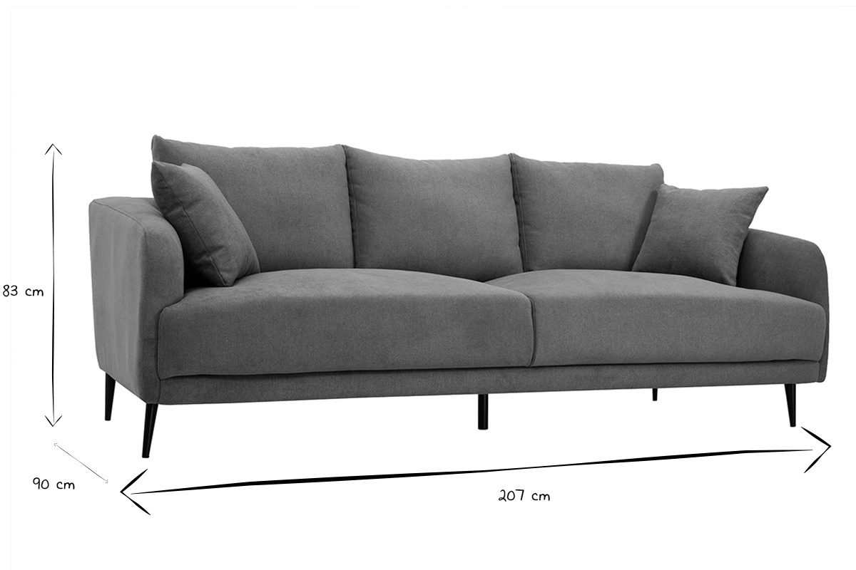 Canap� 3 places design en tissu effet velours gris avec dimensions 207x90x83 cm en noir et blanc.
