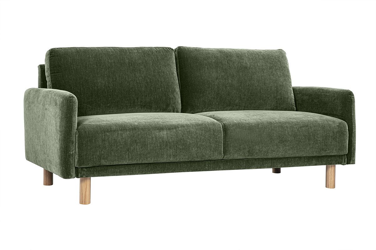 Canap� 3 places en tissu effet velours vert kaki avec pieds en bois clair, vue de 3/4.