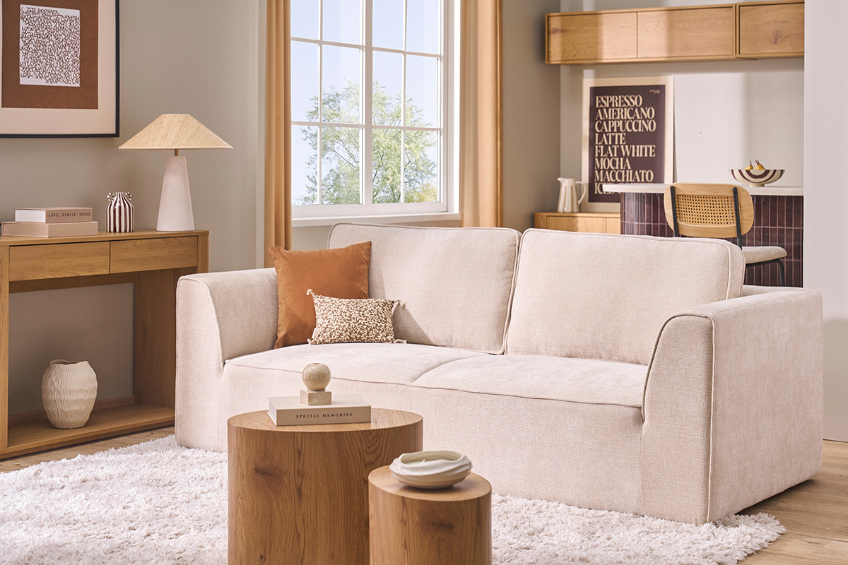 Canap� design en tissu effet velours textur� beige 3 places GRAMMY