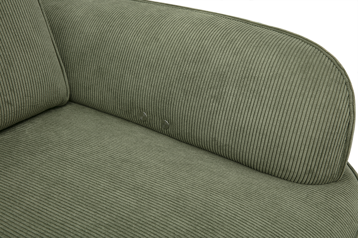 D�tail d'un canap� 3 places OTIS en tissu velours c�tel� vert kaki, vue de pr�s sur l'accoudoir.