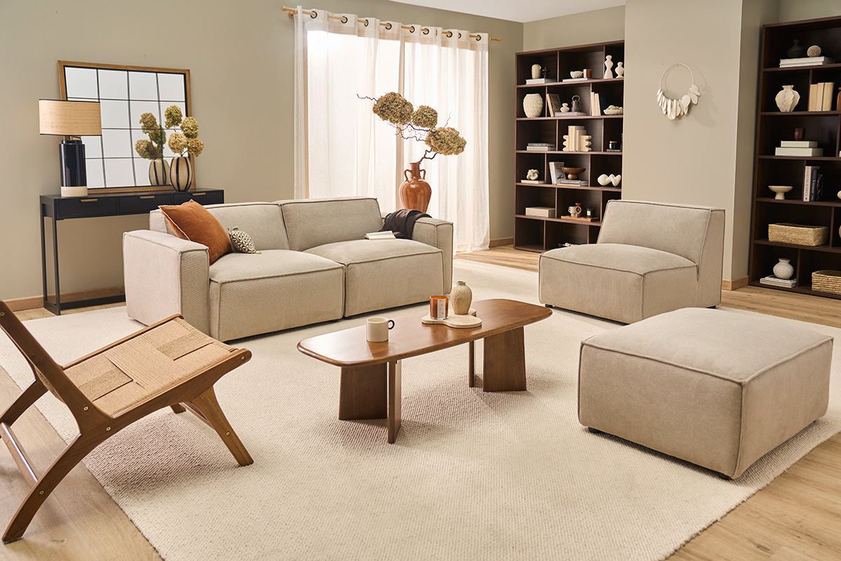 Canap� modulable 3 places en tissu effet velours textur� beige SPLIT