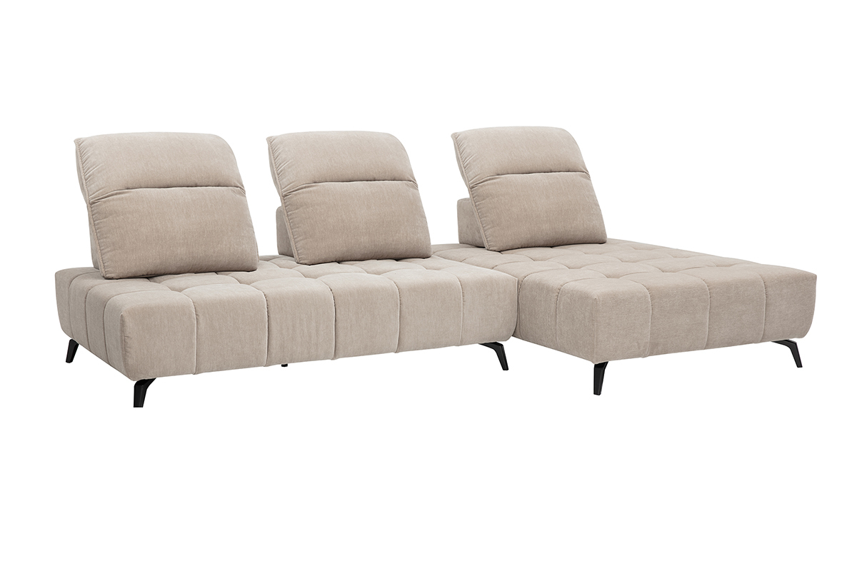 Canap� modulable taupe avec t�ti�res ajustables et pieds noirs, vue 3/4.