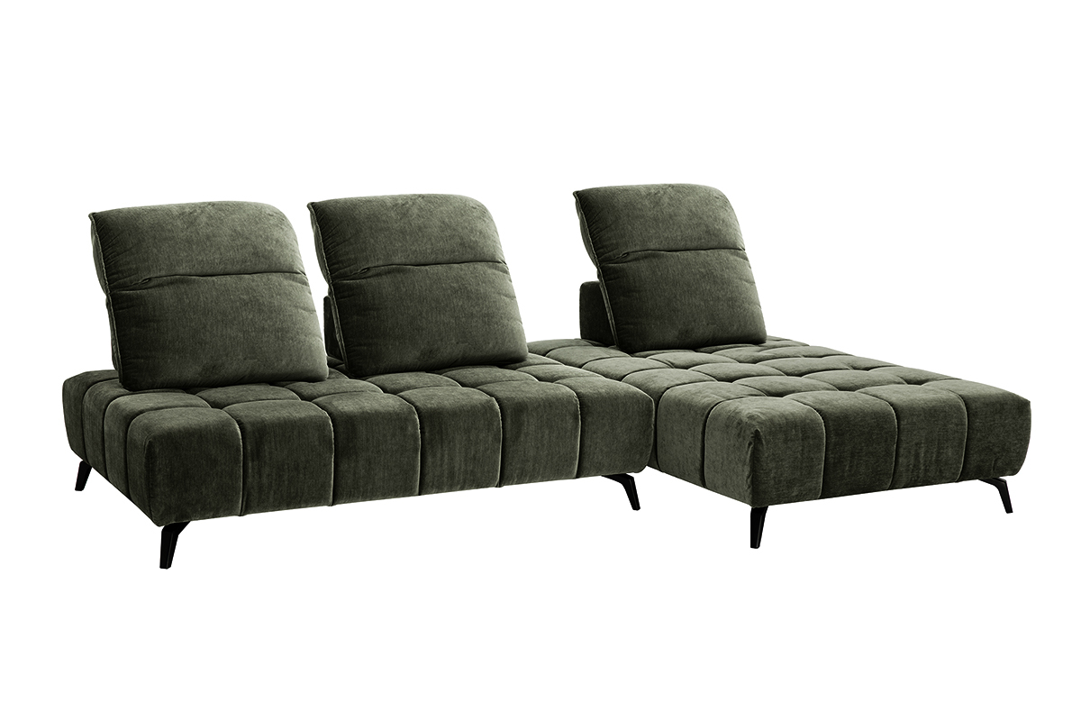 Canap� modulable 4 places avec t�ti�res ajustables en tissu effet velours vert kaki et m�tal noir OLMO