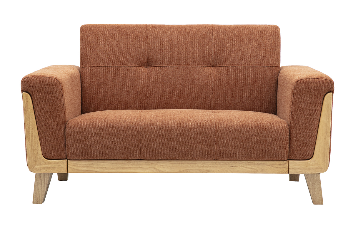 Canap� scandinave 2 places en tissu terre br�l�e avec structure en bois clair, vue de face.