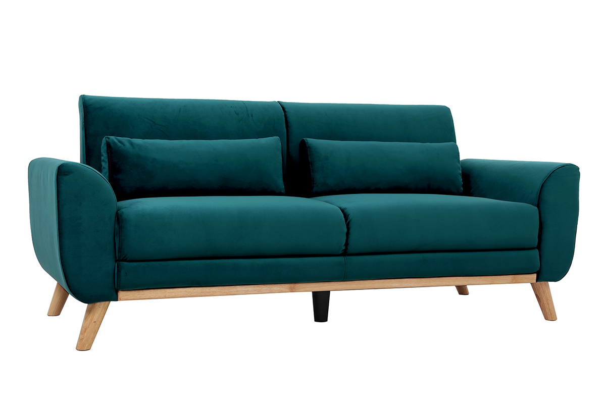 Canap� scandinave 3 places en tissu velours bleu p�trole et bois clair EKTOR