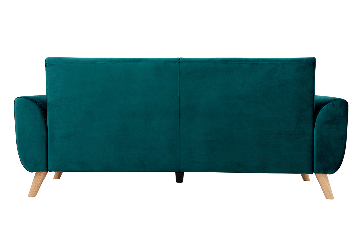 Canap� scandinave 3 places en tissu velours bleu p�trole et bois clair EKTOR