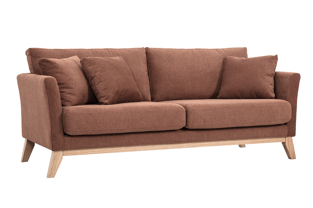 Canap� scandinave 3 places tissu terre br�l�e pieds bois clair, vue de 3/4.