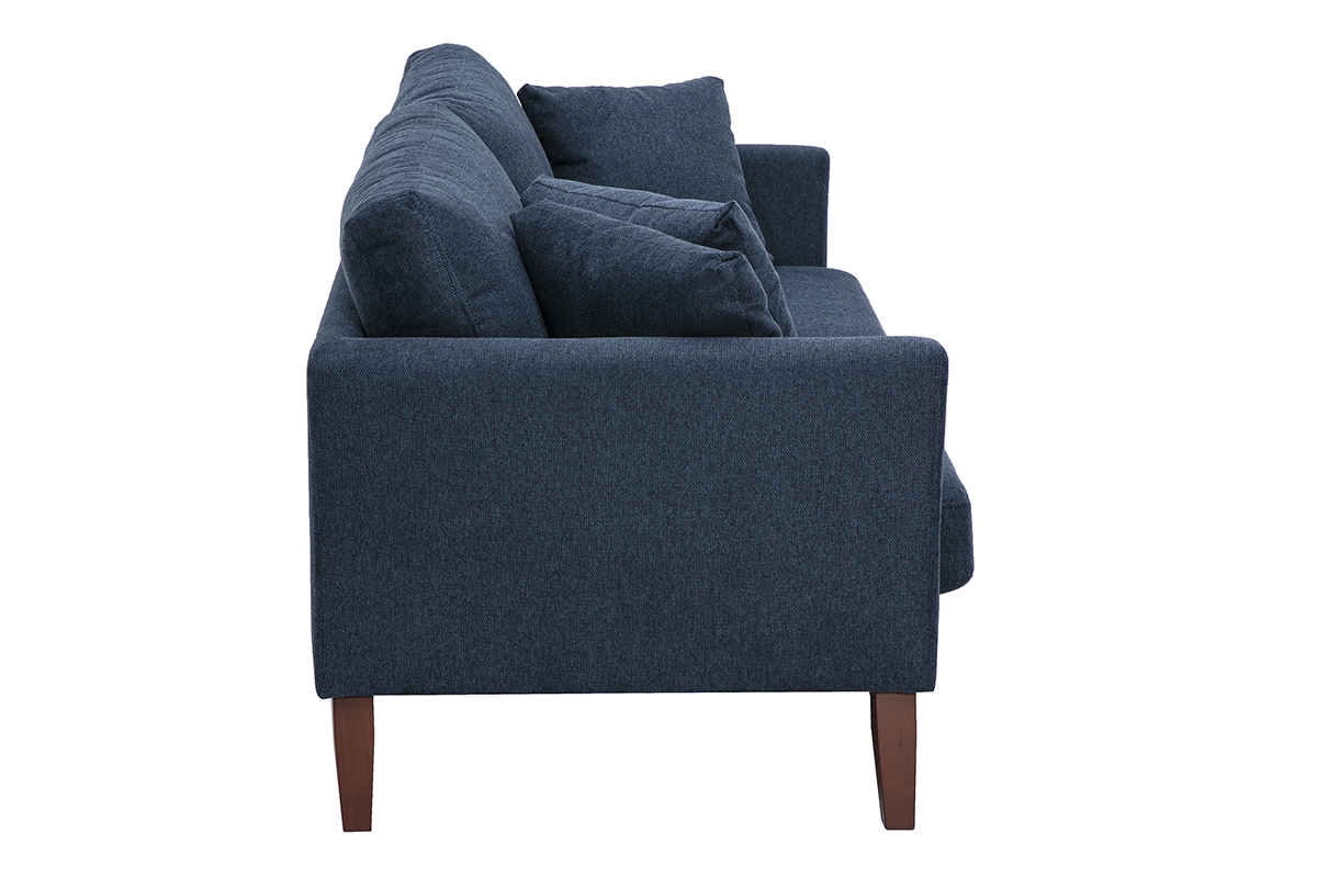 Canap� scandinave 3 places bleu fonc�, vue de profil, tissu effet velours textur� et pieds en bois fonc�.