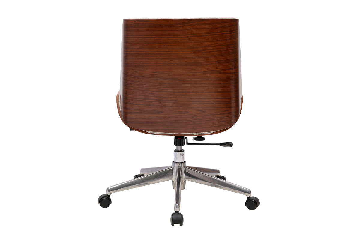Vue arri�re de la chaise de bureau en bois fonc� sur roulettes et base chrom�e.