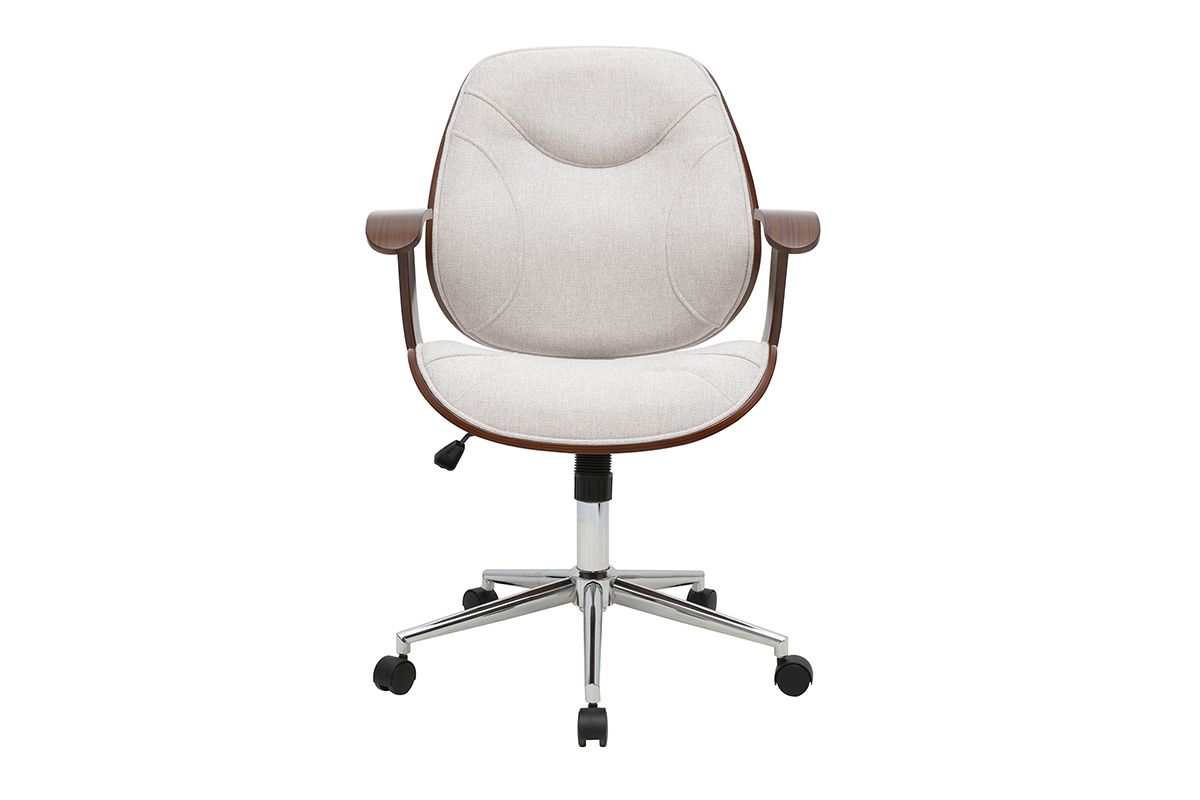 Chaise de bureau design avant, tissu velours beige, bois fonc�, base chrom�e, roulettes.