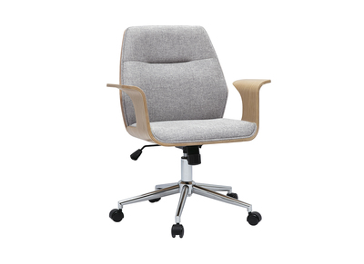 Chaise de bureau &agrave; roulettes design en tissu effet velours textur&eacute; gris, bois clair et acier chrom&eacute; RUFIN