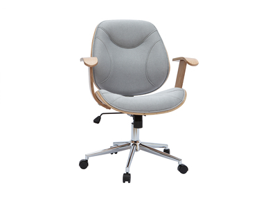 Chaise de bureau &agrave; roulettes design en tissu gris clair, bois clair et acier chrom&eacute; YORKE