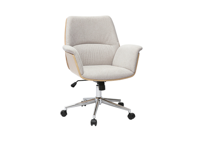 Chaise de bureau &agrave; roulettes en tissu effet velours textur&eacute; beige, bois clair et m&eacute;tal chrom&eacute; HELIOS