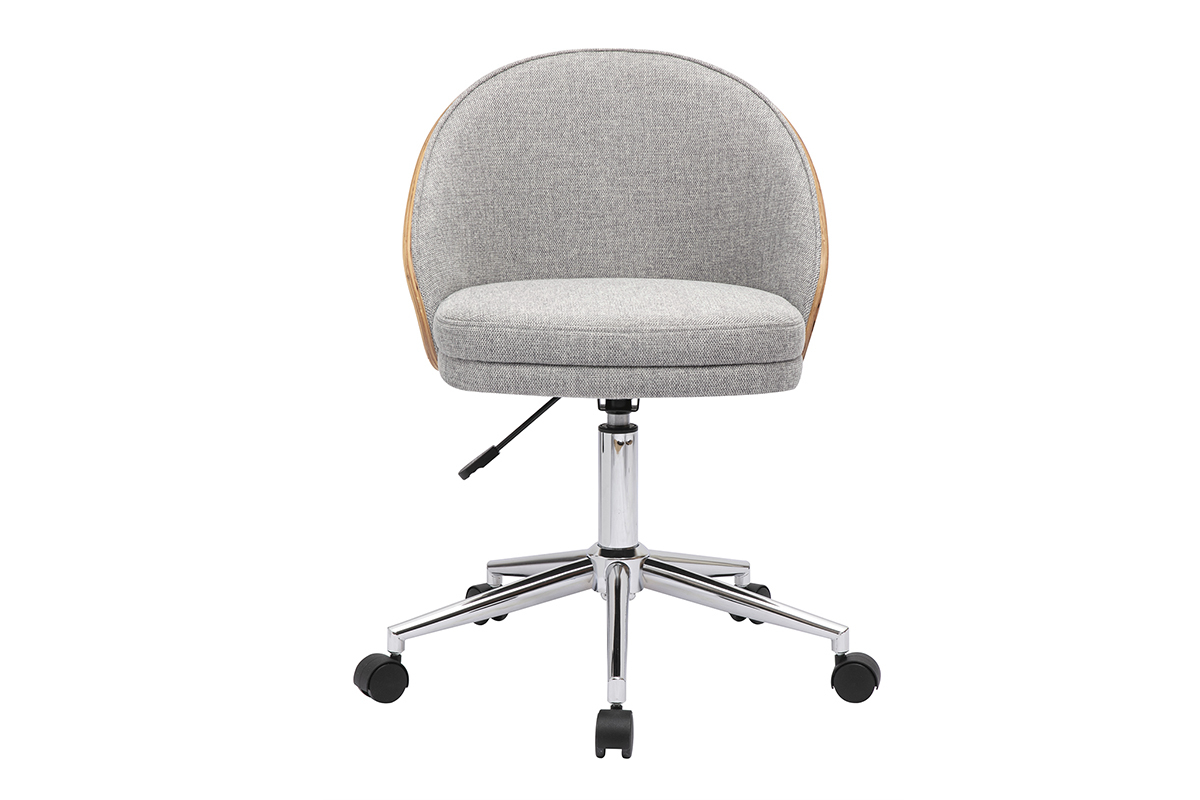 Chaise de bureau grise avec roulettes, bois clair et m�tal chrom�, vue de face.