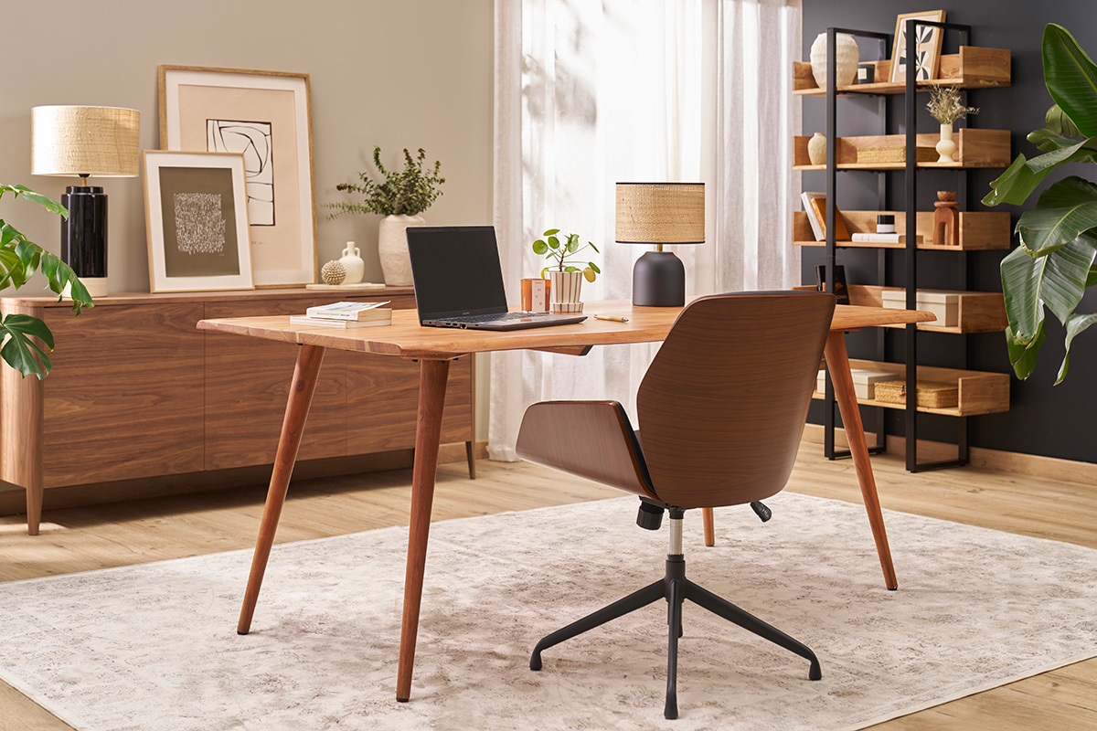 Chaise de bureau design pivotante 360� noir, bois fonc� noyer et m�tal noir CURVED
