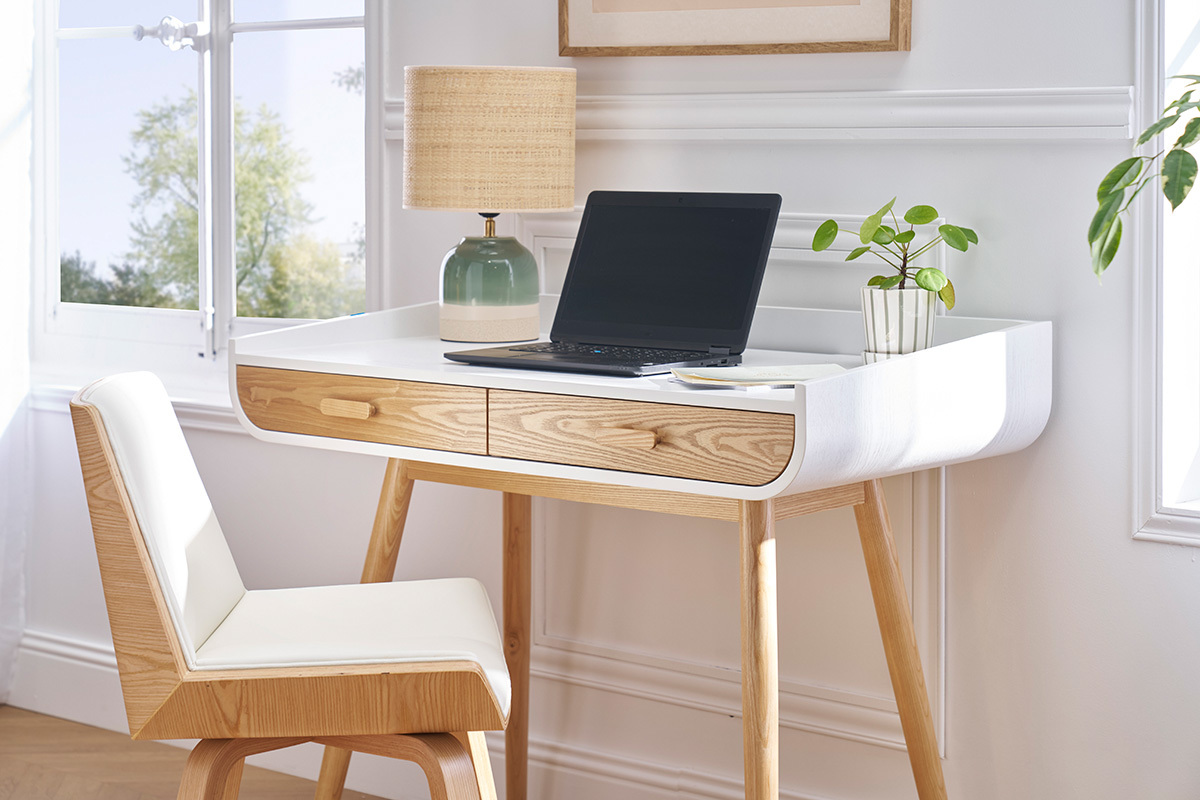 Chaise design blanc et bois clair MELKIOR