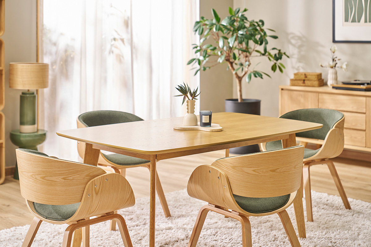 Chaise design en tissu vert kaki et bois clair BENT