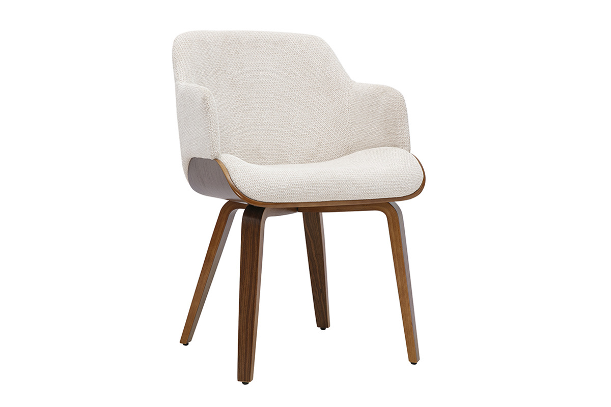 Chaise EARL en tissu chenille beige et bois fonc�, vue de 3/4.