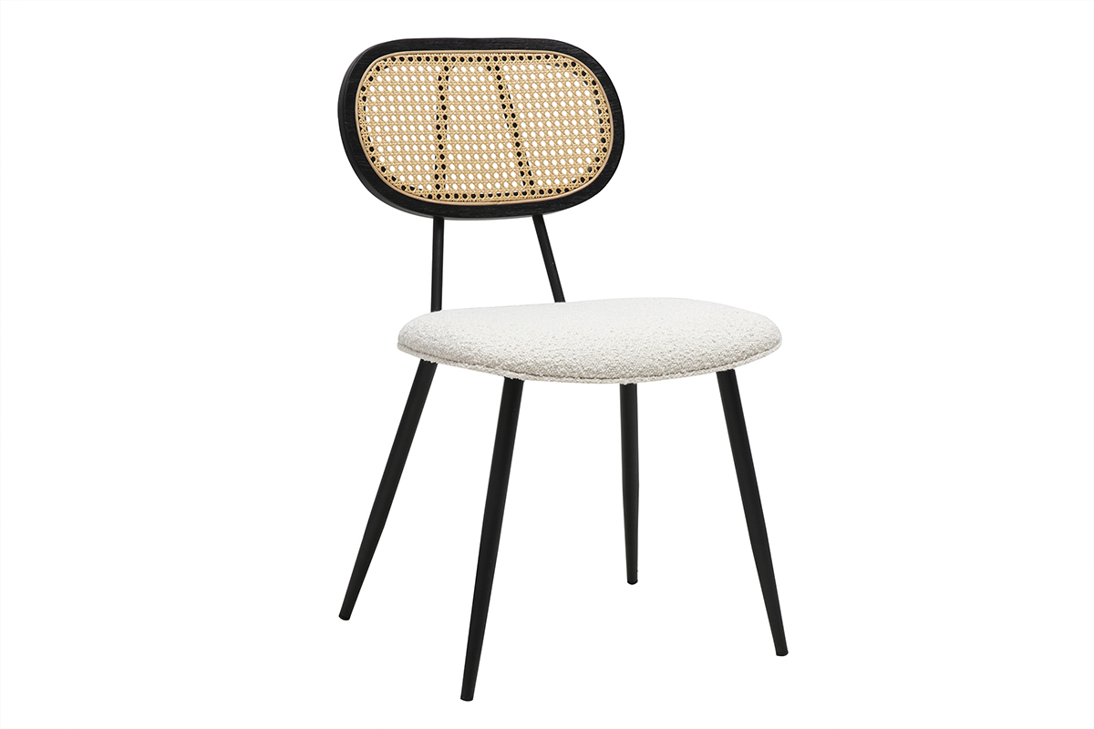 Chaise SWANN noir et blanc, dossier cannage rotin, assise tissu boucl�, vue de 3/4.