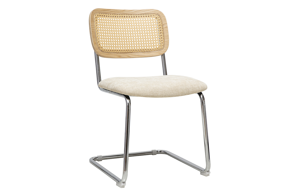 Chaise design avec dossier cannage rotin et pieds en m�tal chrom�, vue de 3/4.