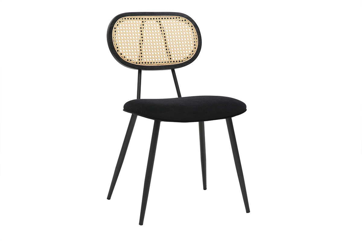 Chaise design noire en velours, dossier cannage rotin, vue de 3/4.