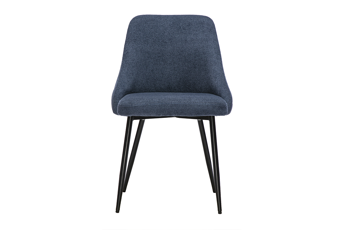 Chaise en tissu chenille bleu fonc� avec pi�tement en m�tal noir, vue de face.
