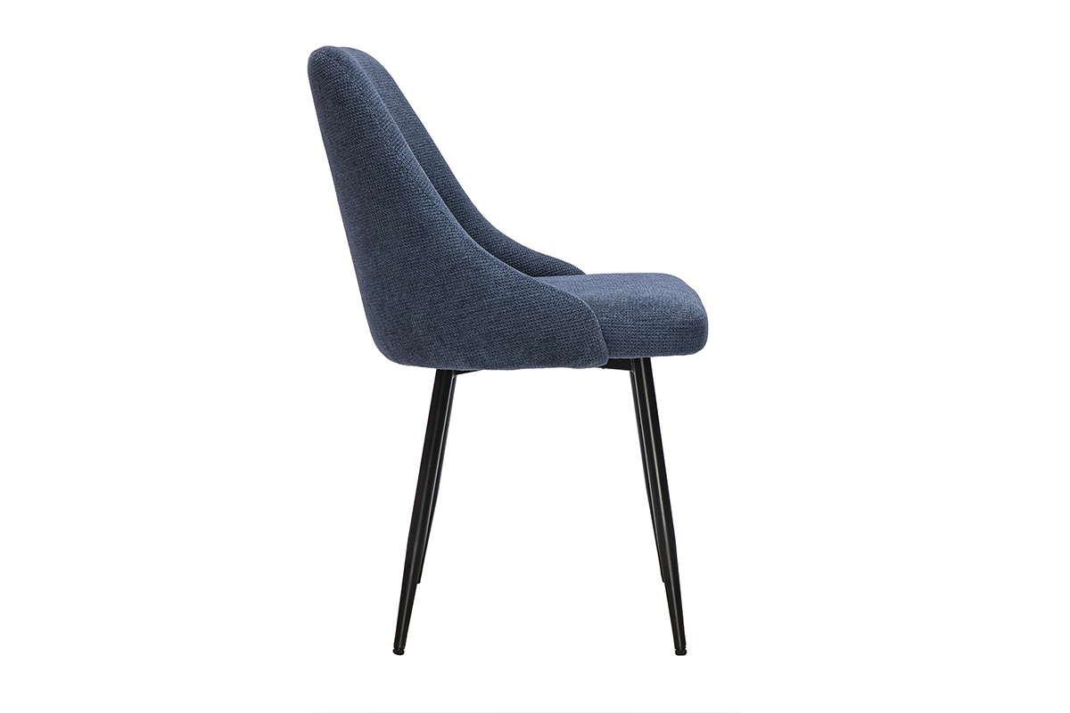 Chaise en tissu chenille bleu fonc� avec structure en m�tal noir, vue de profil.