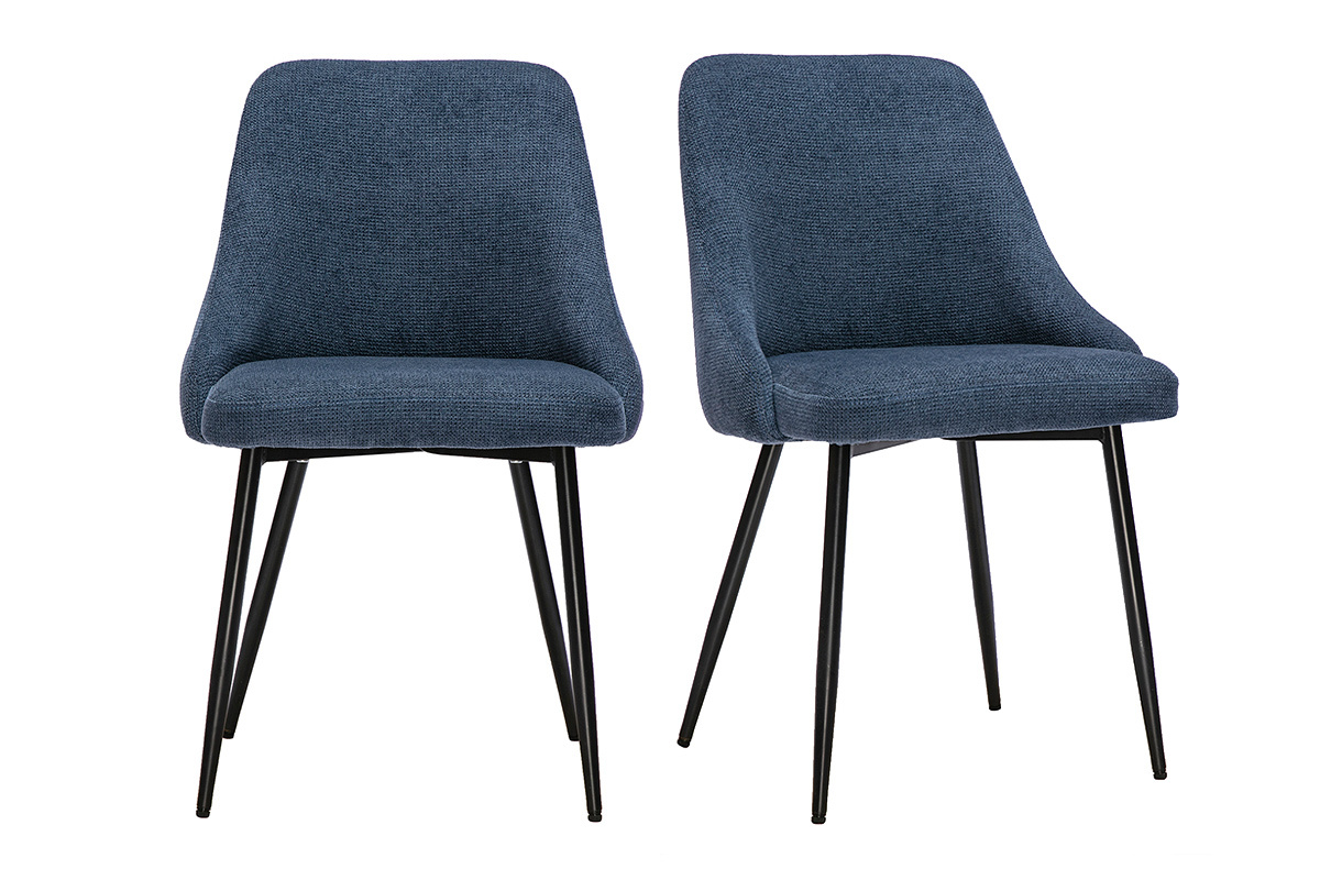 Lot de 2 chaises en tissu chenille bleu fonc� avec pi�tement en m�tal noir, vue de face.
