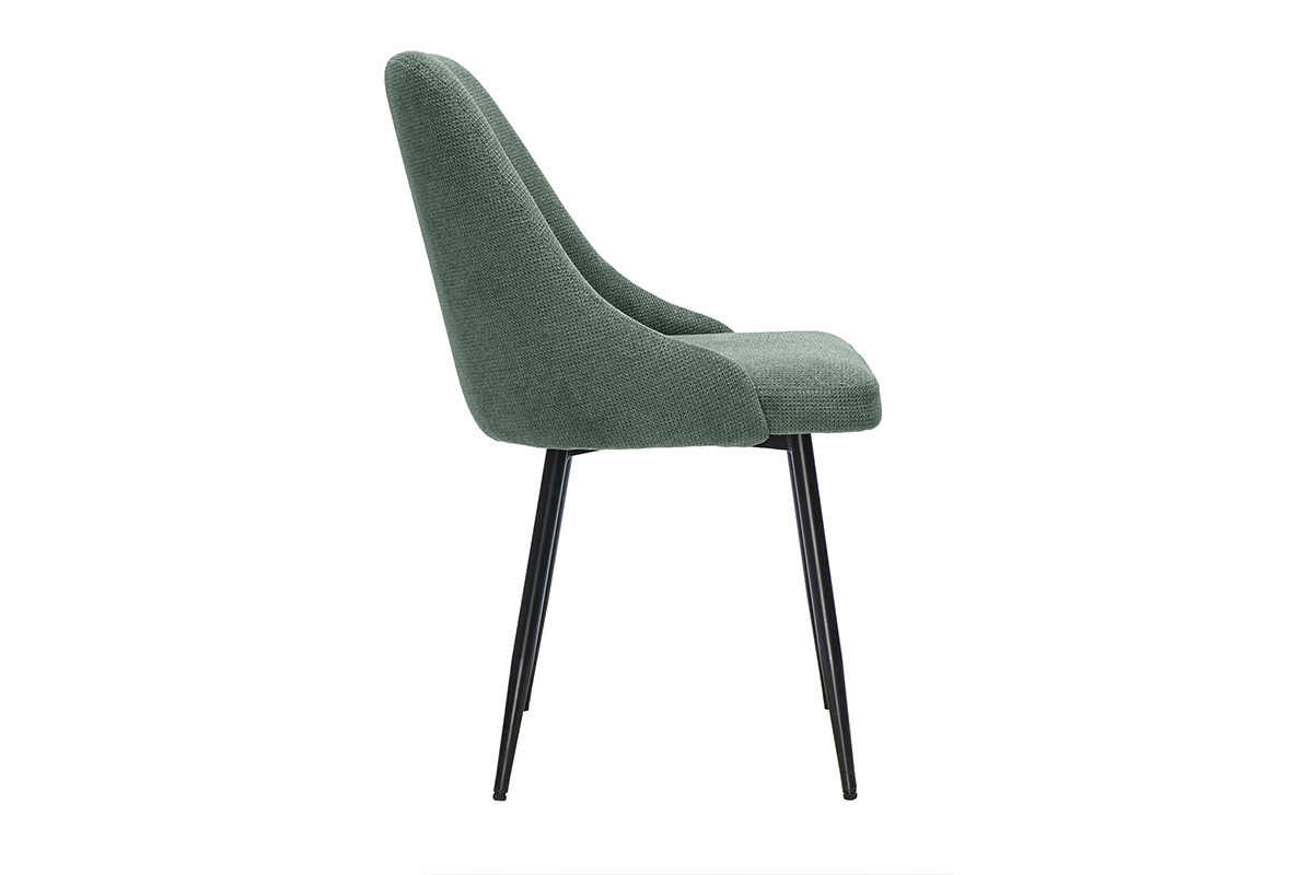Chaise en tissu chenille vert kaki avec pi�tement en m�tal noir, vue de profil