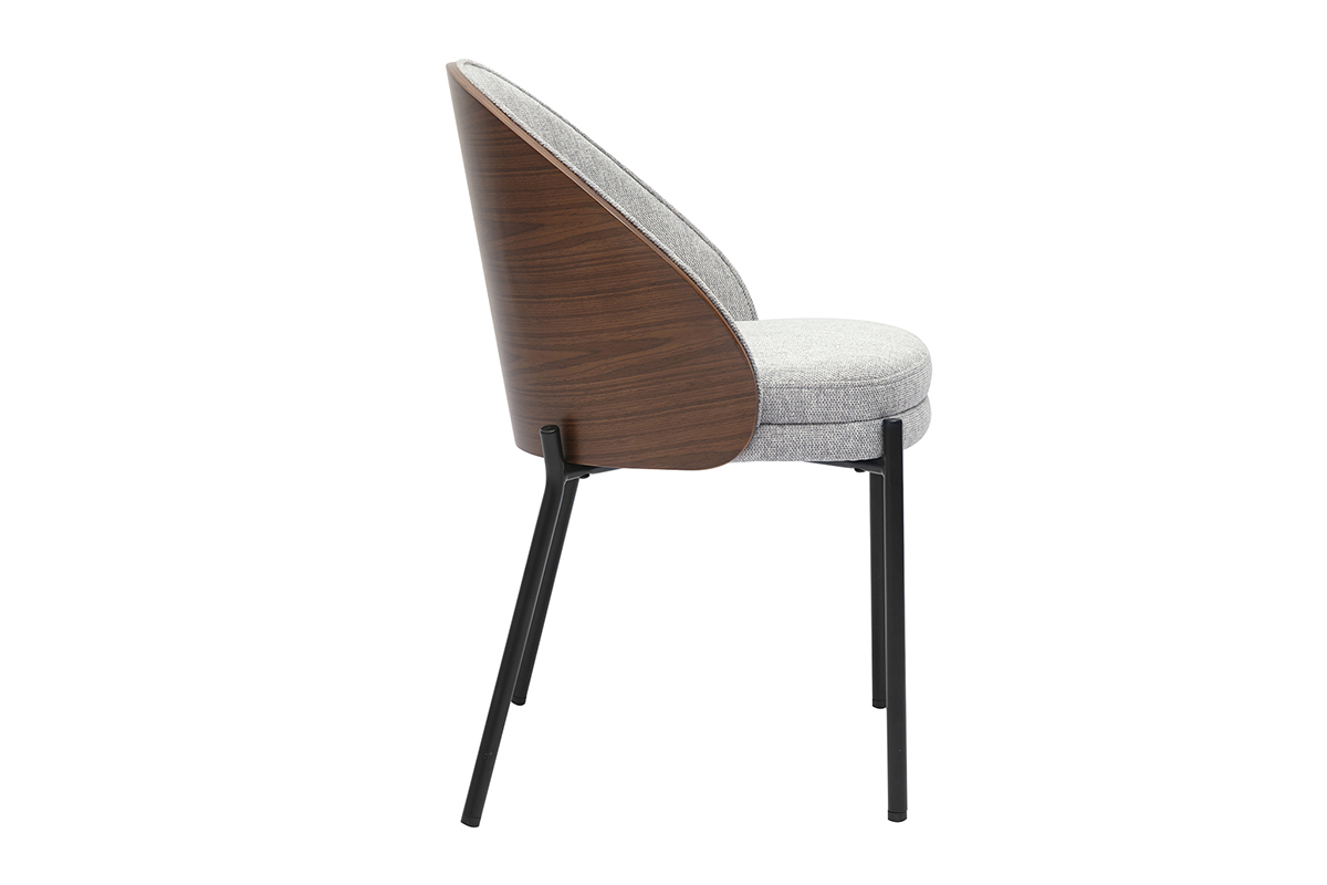 Chaise TUCSON en tissu effet velours gris avec dossier en bois fonc�, vue de profil.