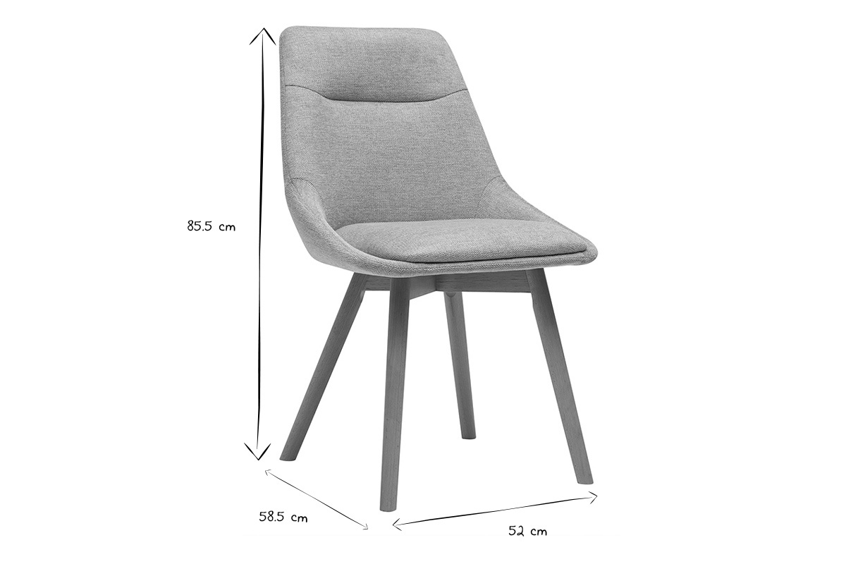 Chaise en tissu vue de profil avec dimensions 85,5x58,5x52 cm, en noir et blanc.