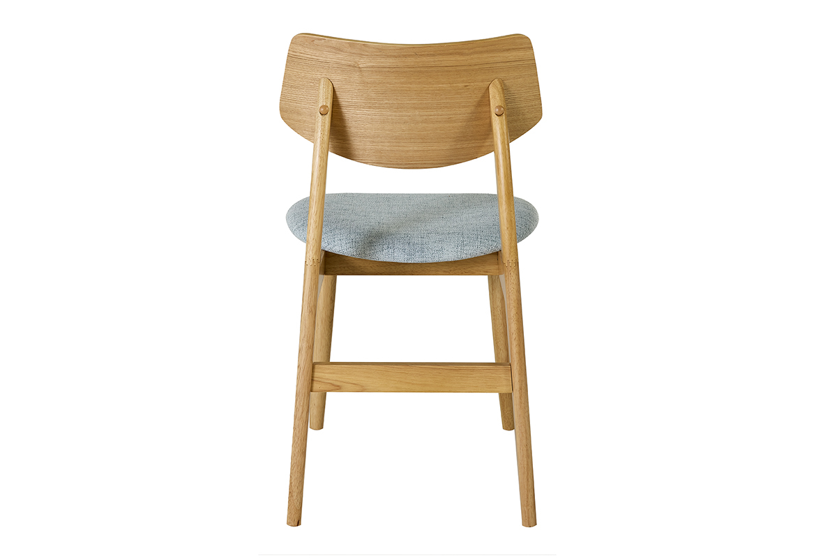 Chaise en bois clair avec dossier incurv� et assise vert c�ladon vue de dos.