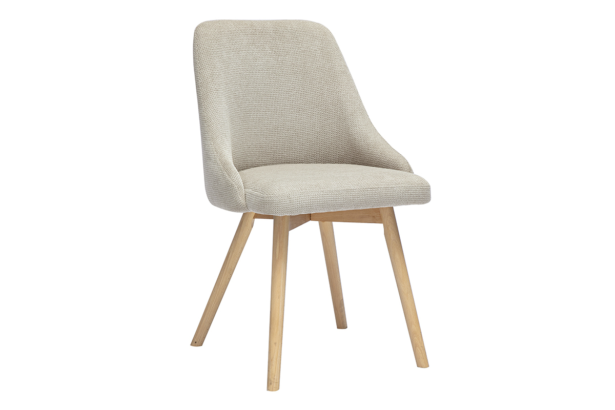 Chaise scandinave avec tissu velours beige et pieds en bois clair, vue de 3/4.