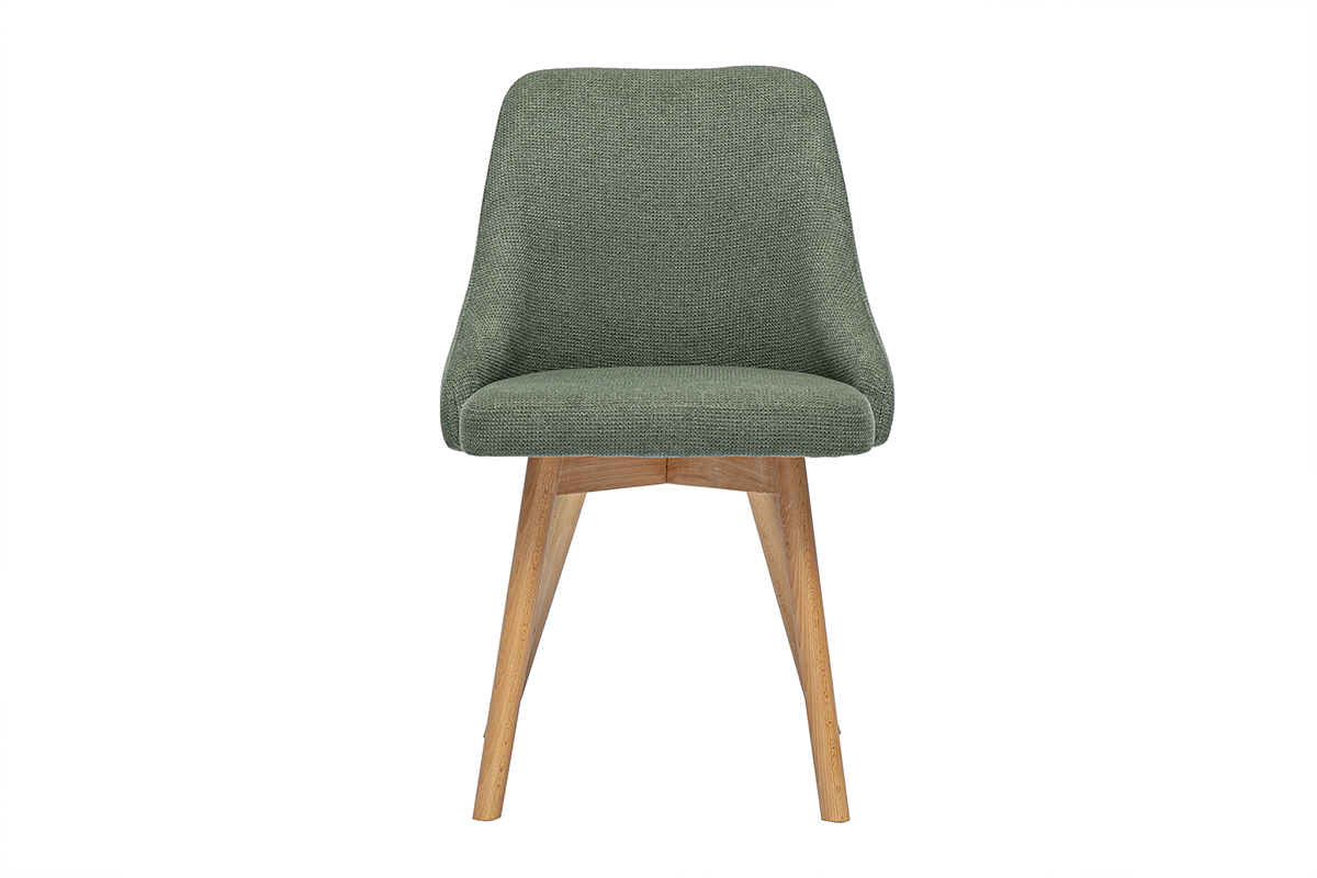 Chaise scandinave en tissu vert kaki avec pieds en bois clair, vue de face.