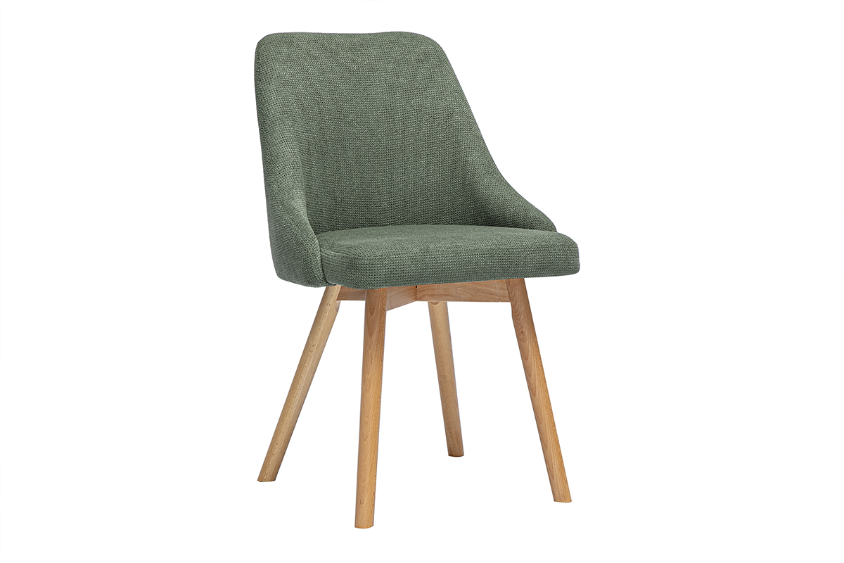 Chaise scandinave avec tissu vert kaki et pieds en bois clair, vue de 3/4.