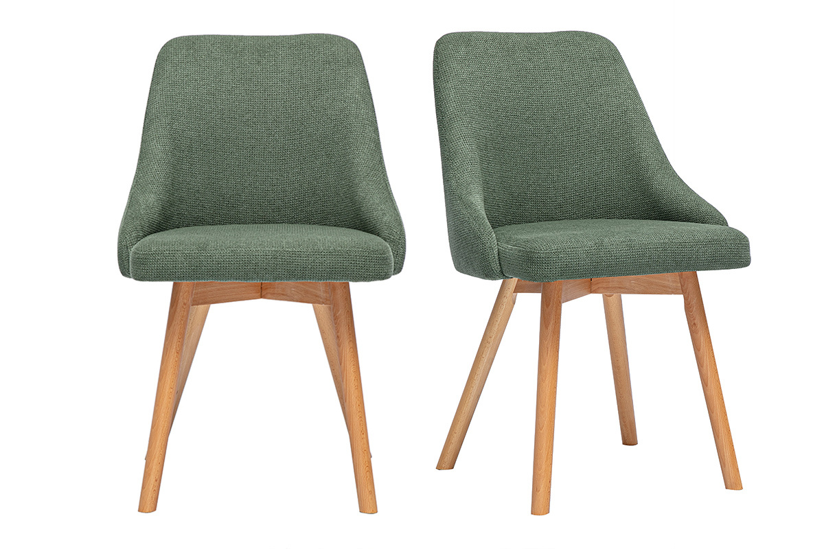 Deux chaises scandinaves en tissu vert kaki et bois clair, vue de face et 3/4.