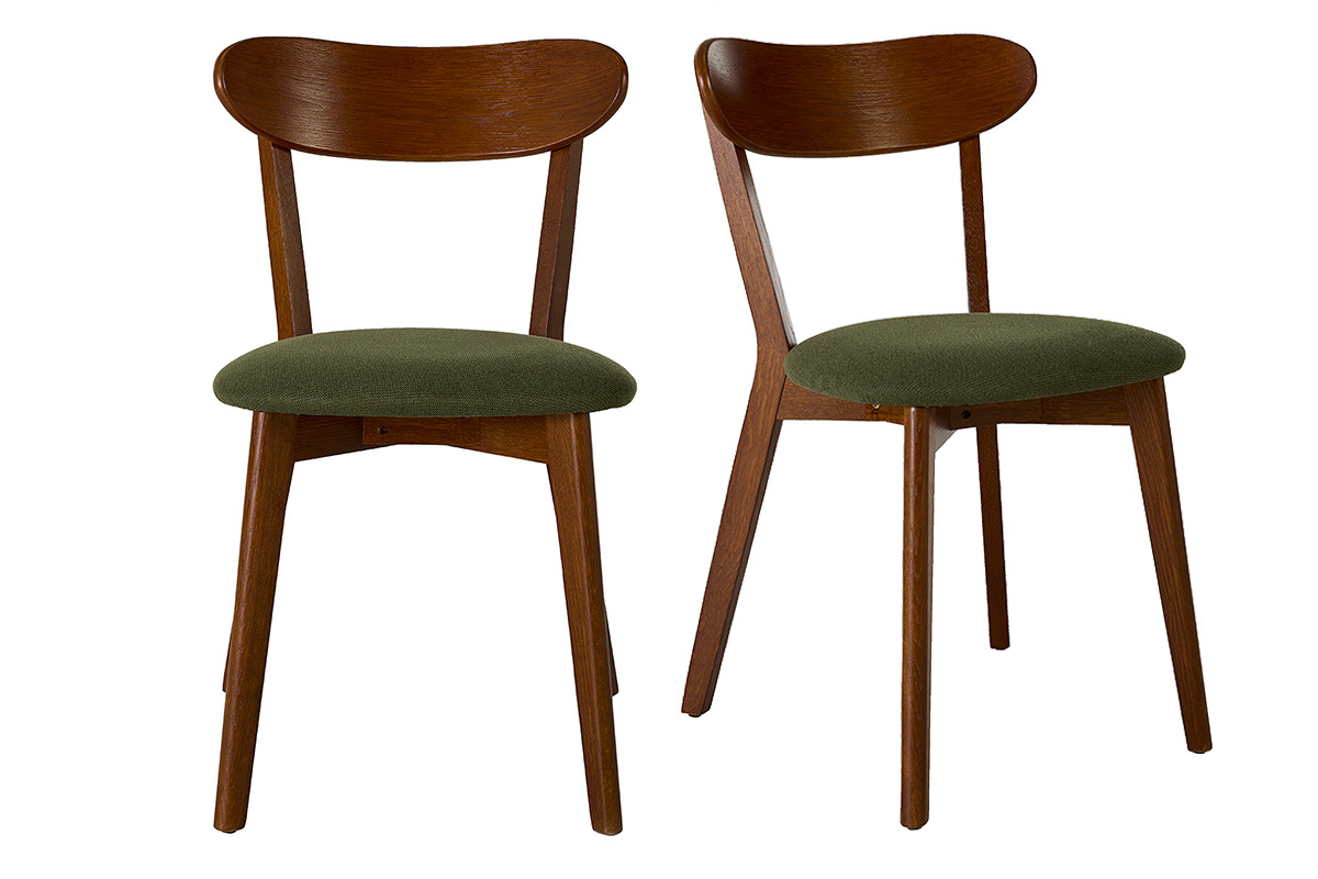Lot de 2 chaises vintage en bois fonc� et tissu velours vert kaki, vue de face.