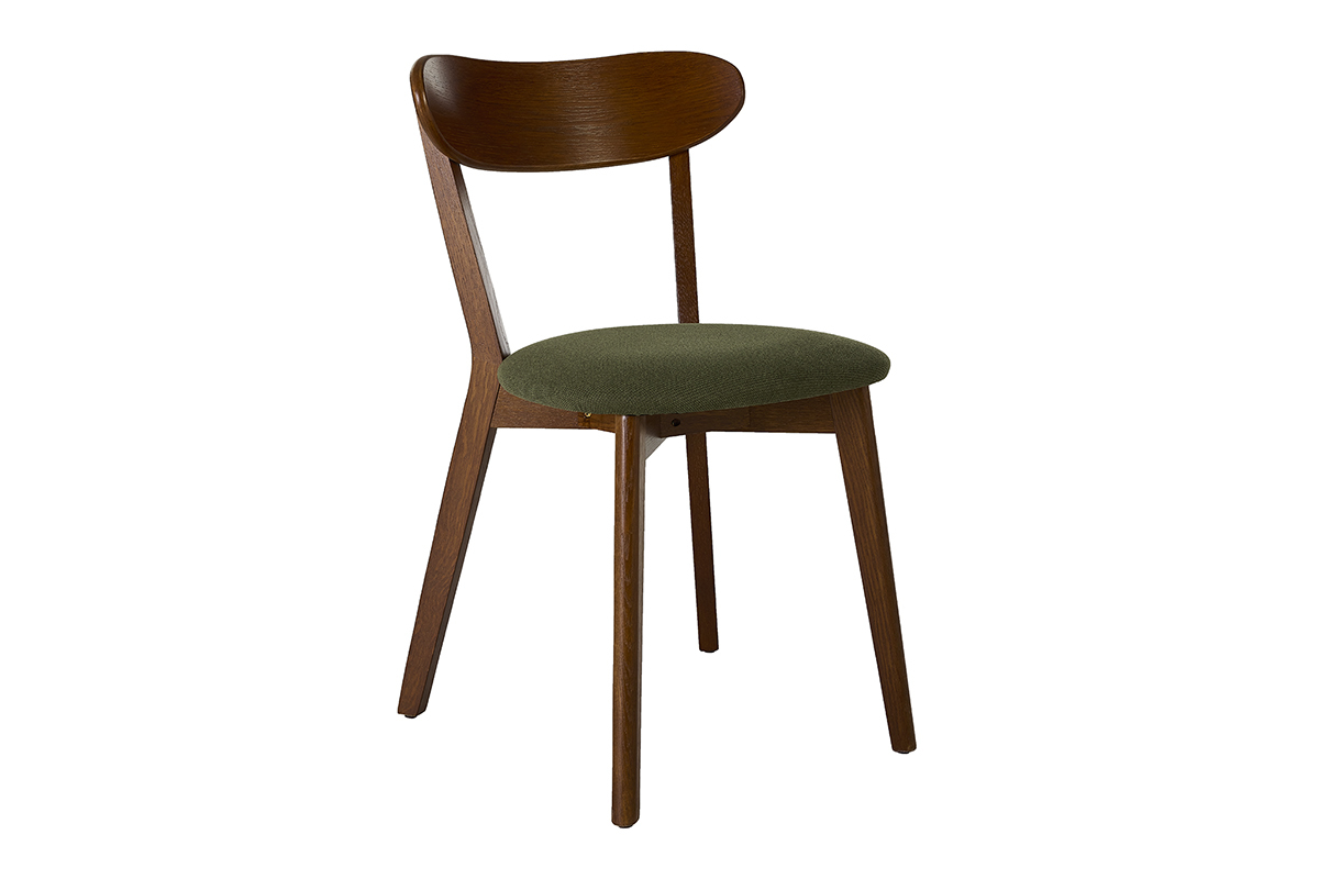 Chaise vintage DOVE en bois fonc� avec assise en velours vert kaki, vue de 3/4.