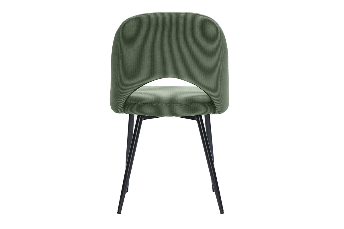 Chaise velours c�tel� vert kaki, vue de dos, pieds m�tal noir.