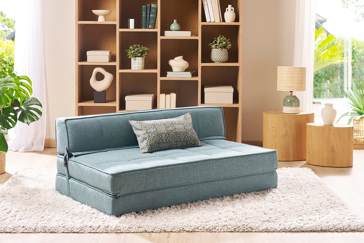 Chauffeuse convertible 2 places en tissu vert de gris KATY