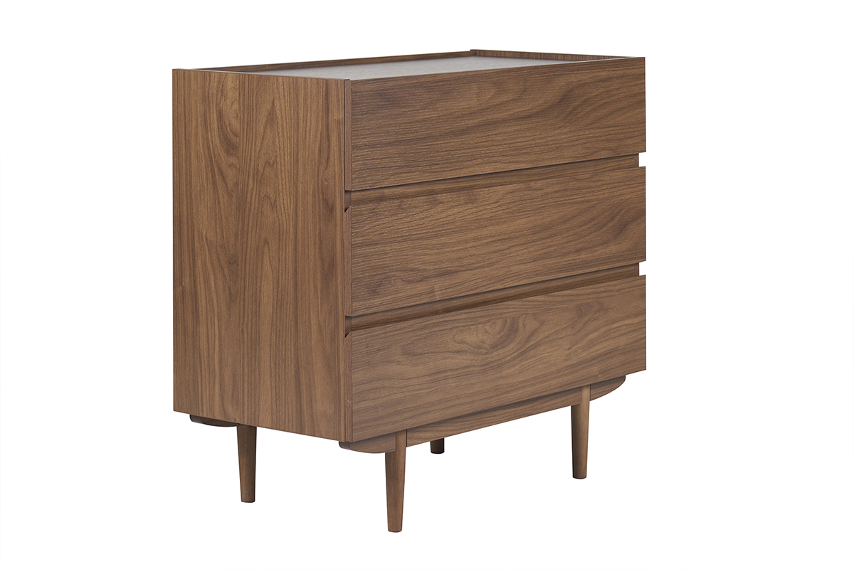 Commode SANAA en bois fonc� noyer, 3 tiroirs, vue de 3/4, pieds fusel�s.