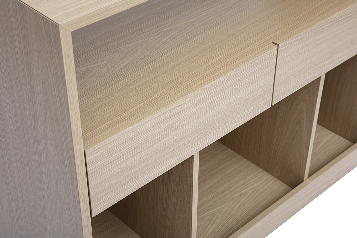 Vue zoom�e de la console RUBINA en bois clair avec niches et tiroirs.