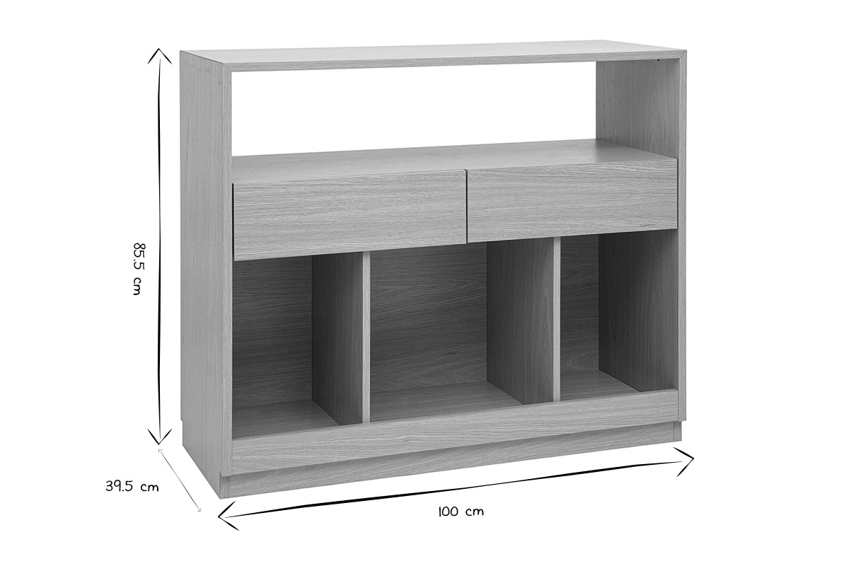 Dimensions de la console RUBINA en noir et blanc, L100xH85,5xP39,5 cm avec tiroirs et niches.