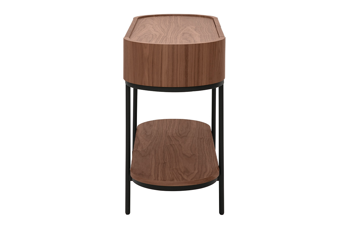 Console vue de c�t� en bois noyer et m�tal noir avec plateau et tiroirs ovales.