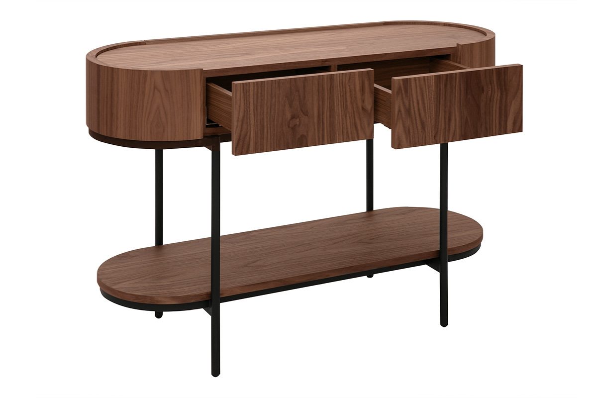 Console SKYE en bois fonc� noyer avec tiroirs ouverts et structure en m�tal noir, vue de l�g�re hauteur.