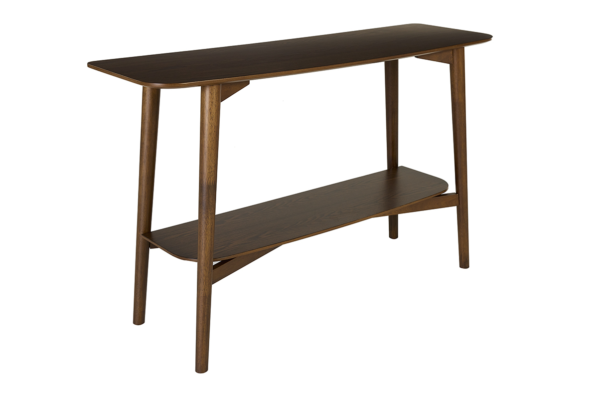 Console en bois fonc� � deux niveaux, vue de 3/4.