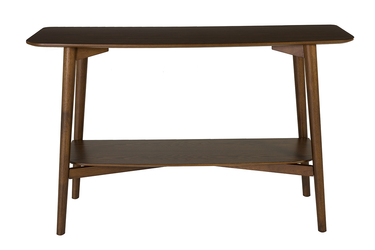 Console en bois fonc� avec deux plateaux, vue de face.