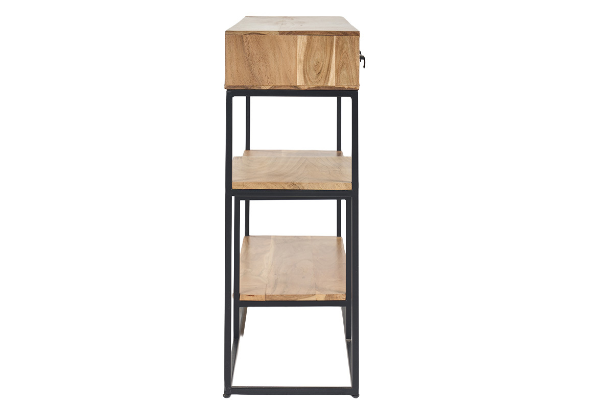 Vue de profil de la console Grenelle en bois d'acacia et m�tal noir, 4 tiroirs.