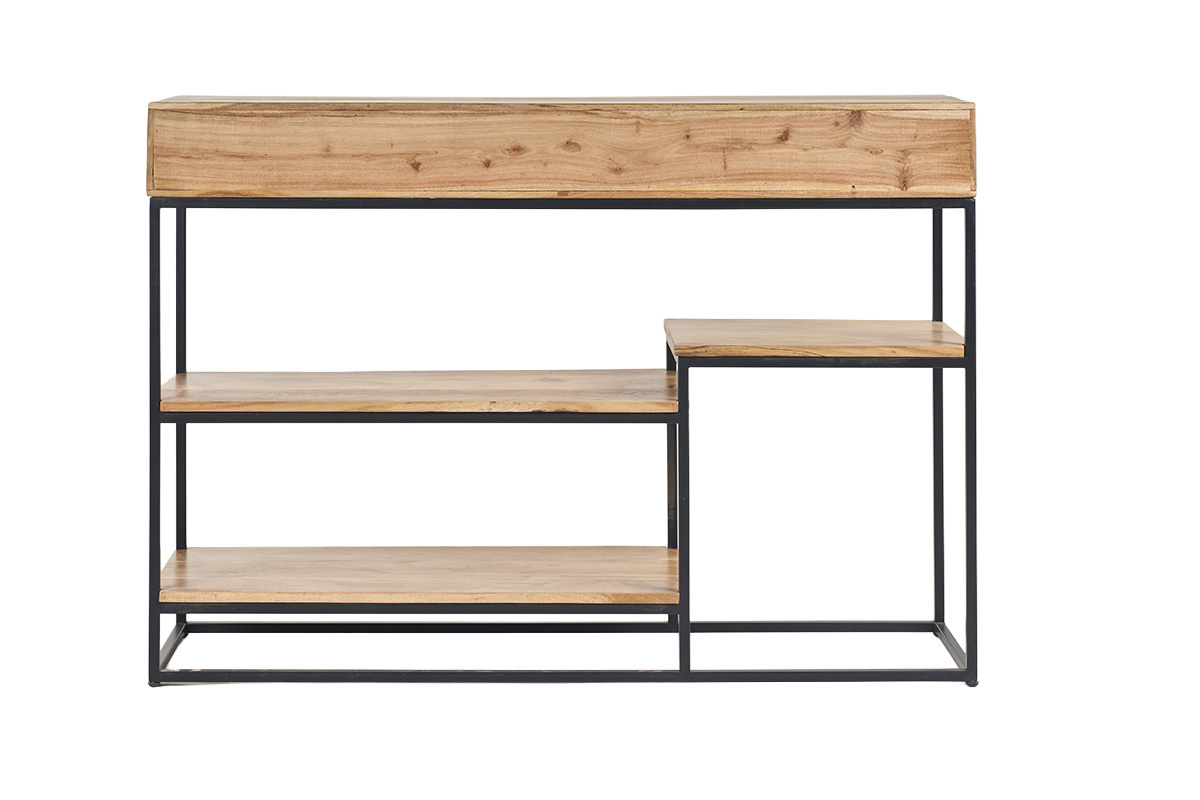 Console industrielle en bois d'acacia et m�tal noir vue de dos.