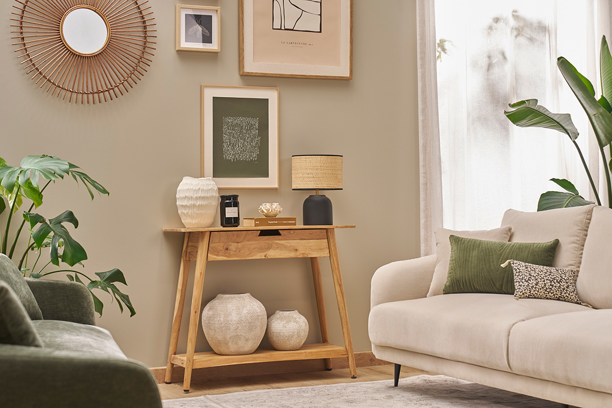 Console naturelle avec tiroir en bois massif L90 cm FRANKLIN
